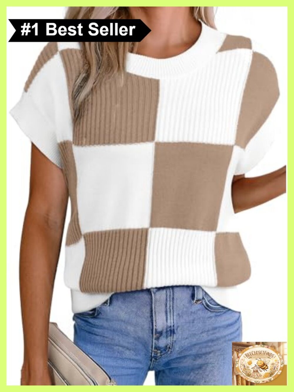 EVALESS Short Sleeve Sweater Women Checkered Knit Tank Top